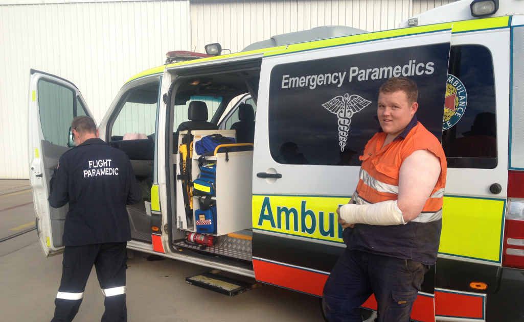 An Emerald man gets medical treatment after having his left arm crushed while working underneath a caravan earlier this week. An Emerald man gets medical treatment after having his left arm crushed while working underneath a caravan earlier this week.
